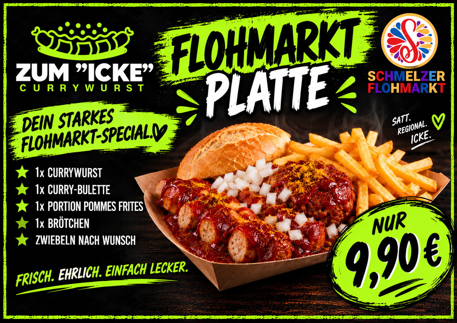 Flohmarktplatte von Zum Icke mit Currywurst, Curry-Bulette, Pommes, Brötchen und Zwiebeln